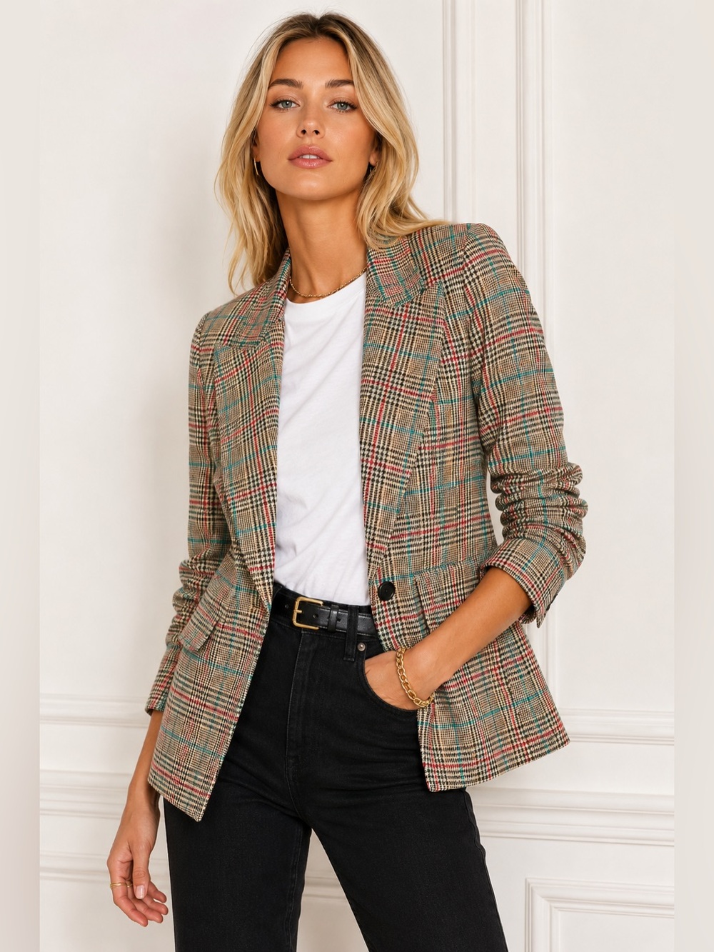 SMYTHE Size 8 Plaid One-Button Tailored Blazer Multicolor Check *PRISTINE*